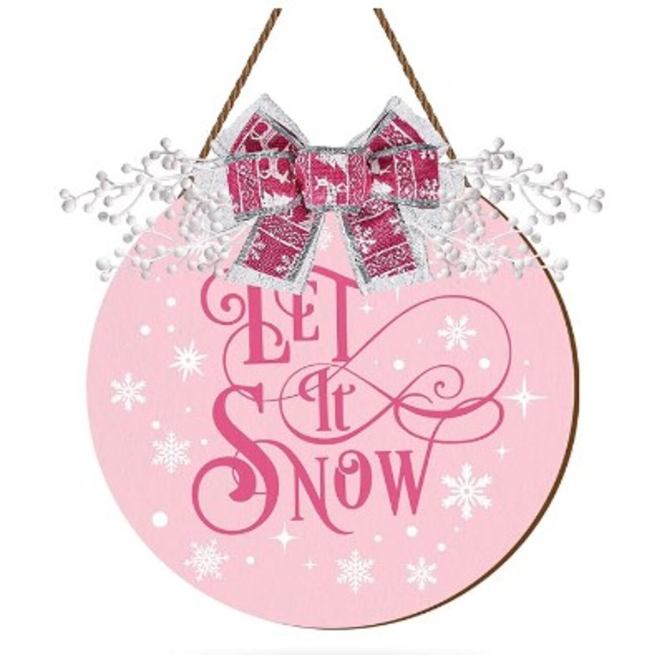 Pink Let It Snow Wooden Hanging Sign Xmas Winter Snowflake Door Wreath Decor with Bow Berries for Indoor Outdoor Home Farmhouse Porch Wall Window Decor Christmas Welcome Sign